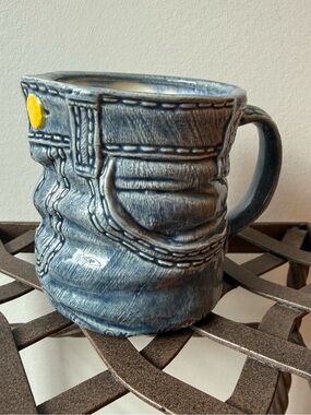 Textured Denim-Style Blue Ceramic Mug with Yellow Accent